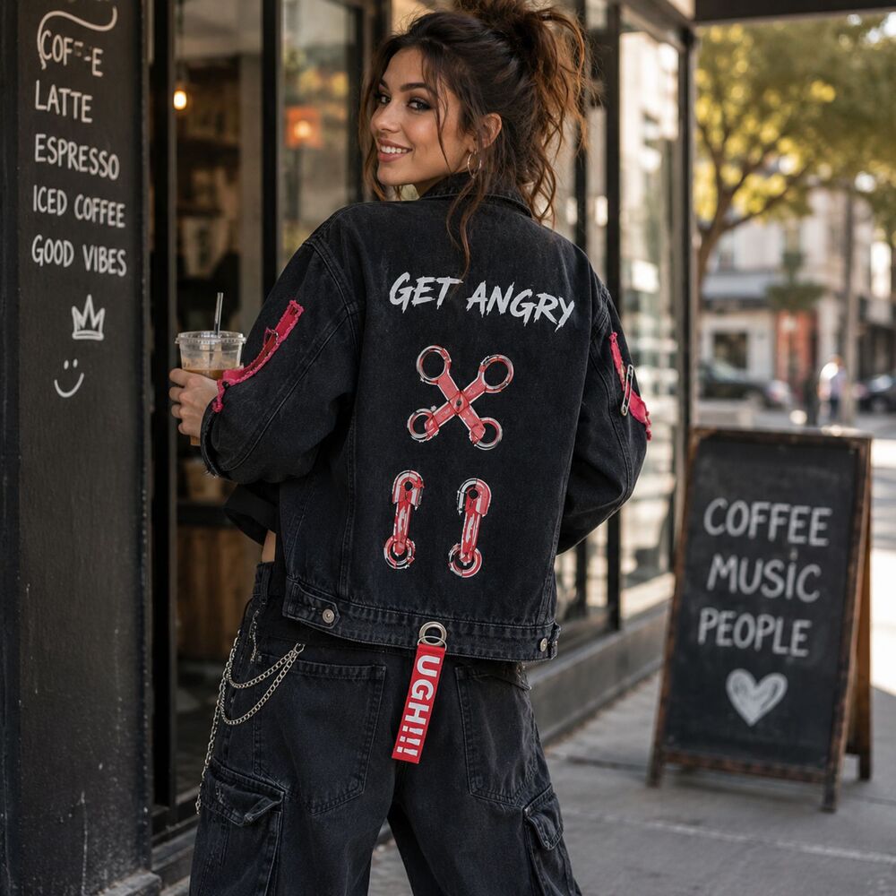 EHU & Co Black Denim Jacket Get Angry Graphic Punk Y2K Streetwear Free Size